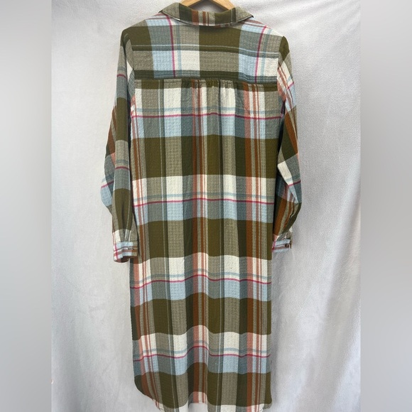Pilcro Tunic Button Up Shirt Duster Green Plaid Long Sleeve Anthropologie Sz XS - Picture 6 of 8